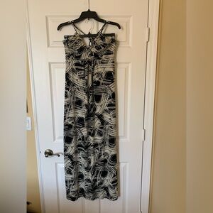 Fire‎ Los Angeles Abstract Print Maxi Dress with Neck Tie, Black and Cream